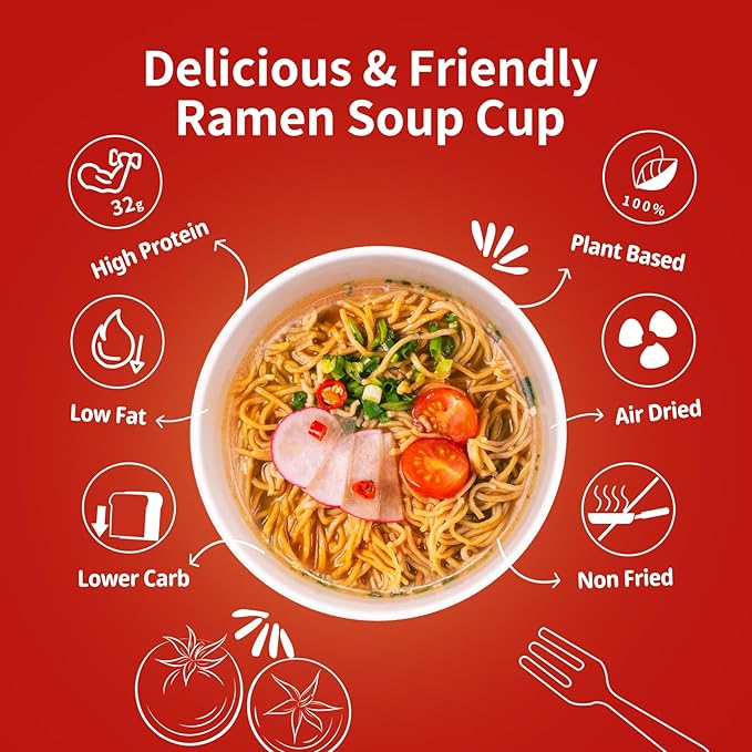 VOLO VERO High Protein (32g) Instant Ramen Spicy Beef Flavor Soup Cup 6 Packs Vegan Noodles Asian Plant-Based Non-Fried Low Fat Non-GMO Egg &amp Dairy Free Quick Healthy Meal Holiday Gift
