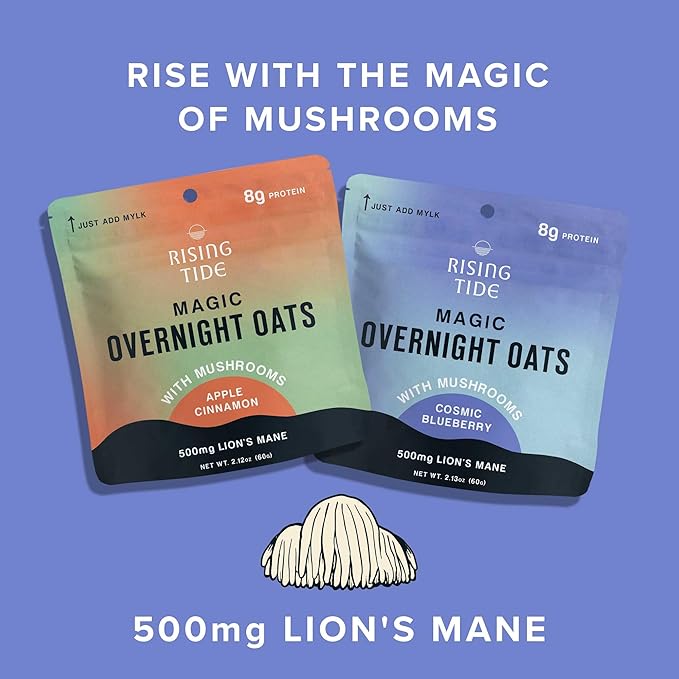 Mushroom Overnight Oats (6 Pack) Superfood Lions Mane Mushroom Chia &amp Flax Seed - Organic Protein Oatmeal - High Fiber Vegan Gluten Free Low Sugar - Easy Prep Plant Protein - Apple Cinnamon &a