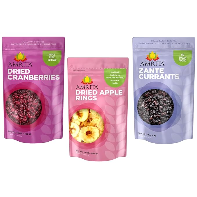 Amrita Dried Cranberries (1lb) + Zante Black Currant (1lb) + Dried Apple Rings (1lb) Bundle | No Sugar Added Vegan non-GMO Gluten Free Peanut Free Soy Free Dairy Free Snacks | Healthy Snacks for