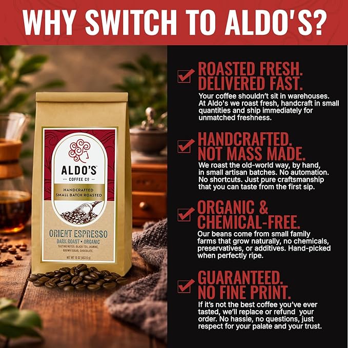 Aldo's Coffee Company Orient Espresso - Organic Dark Roast Whole Bean Coffee Espresso Blend - 16 oz