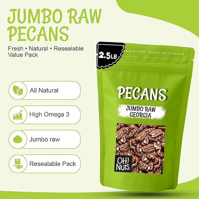 Oh! Nuts Pecans Halves &amp Wholes - Raw - 100% Natural - 2 lb - Raw Georgia Pecans - Packed in New York Zip-Seal Bag for Exceptional Freshness