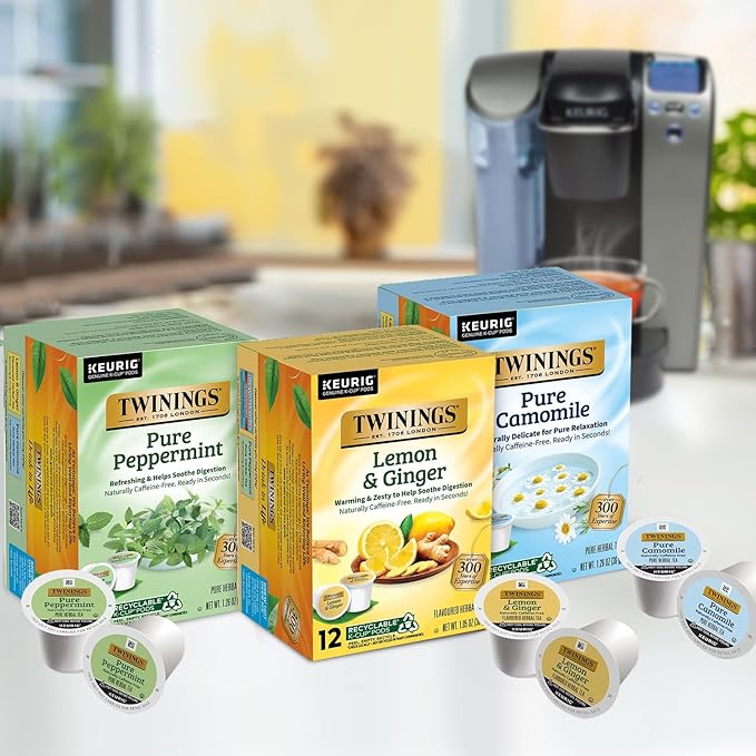 Twinings Herbal Tea K-Cup Pods for Keurig Variety 3-Pack – Pure Peppermint Pure Camomile + Lemon &amp Ginger Tea K-Cups Naturally Caffeine-Free 12 Count Each