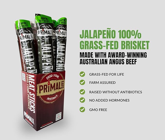 Primal Eats Jalapeno 100% Grass Fed Beef Brisket Meat Sticks 3oz 10-Pack - 19g Lean Meat Protein Keto Paleo Carnivore Gluten Free Zero Sugar Beef Jerky Snack Stick