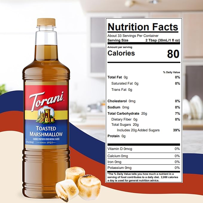 Torani Toasted Marshmallow Syrup 1 Liter Bottle with Pump Dispenser – Rich Coffee Flavoring Made with Pure Cane Sugar &amp Natural Flavors – Perfect for Lattes Desserts &amp Beverages