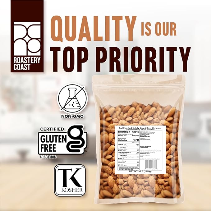 Roastery Coast - Just Roasted Almonds | 3 LB Bulk Daily Nuts | Keto Snack | Lightly salted | Plant Protein | Heart Healthy | Antioxidant | Gluten Free | Non-GMO Project Verified | Low sodium