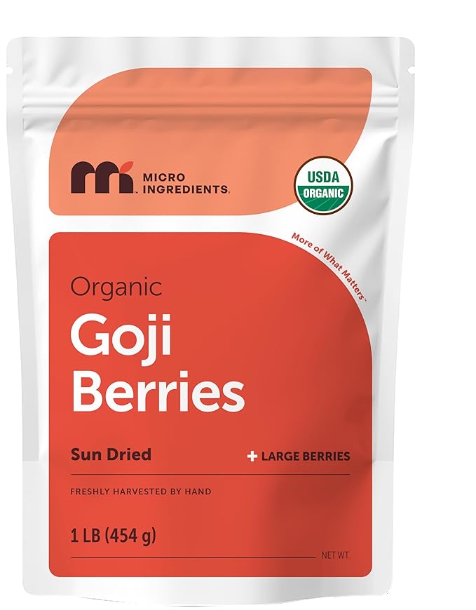 Micro Ingredients Organic Goji Berries 1lb (16oz) | Large Whole Sun-Dried Berries | Raw Superfood Wolfberries | Natural Flavor for Trail Mix Juice &amp Tea | Sulfate Free Vegan Friendly Non-GMO