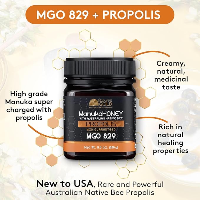 Nature’s Gold Raw Manuka Honey with Australian Native Bee Propolis MGO 829+ | 8.8oz (250g) 100% Pure Genuine Traceable Hive to Home
