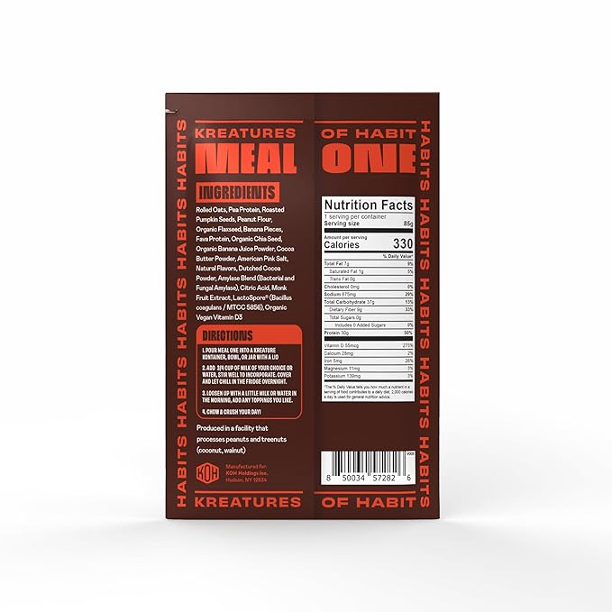 Kreatures of Habit MEAL ONE | Overnight &amp Instant Superfood Protein Meal Replacement | Gluten Free Dairy Free 30g of Plant Based Protein With No Added Sugar | Peanut Butter Banana | Pack of 7
