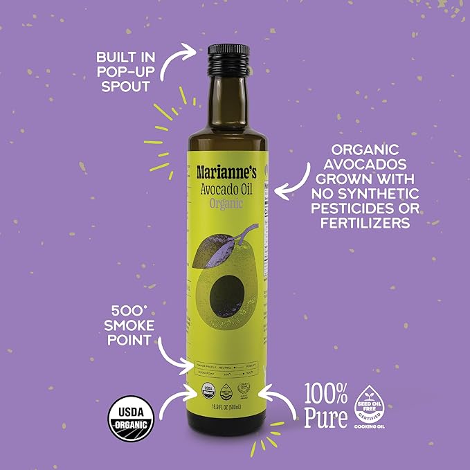 Marianne’s Organic Avocado Oil: 100% Pure Organic Cooking Oil for Frying Sautéing &amp Baking Neutral Flavor High-Heat Performance Up to 500°F Clean Label Project Purity Award