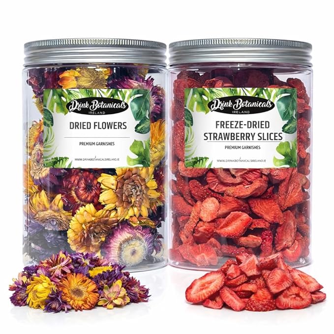 Dried Edible Flowers &amp Freeze-Dried Strawberry Slices Bundle | Natural Decorative Garnishes | No Added Sugar | Perfect for Cocktails Desserts &amp Baking