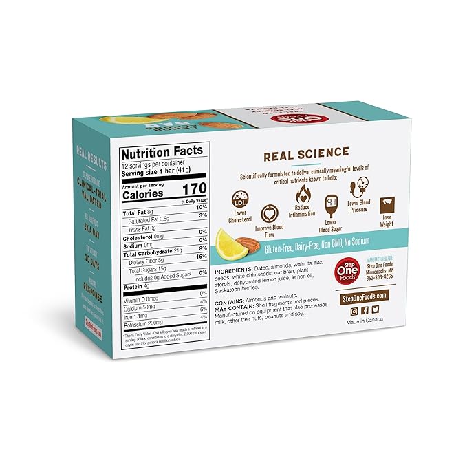 Step One Foods Lemon Almond Bar Heart Healthy Snack Plant Sterols Omega 3's High Fiber Snack Gluten &amp Dairy Free Vegan Zero Sodium Granola Bars (12 Pack)