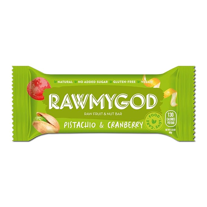 RAWMYGOD Fruit and Nut Bars Gluten Free Vegan No Added Sugar (16 bars Pistachio &amp Cranberry)