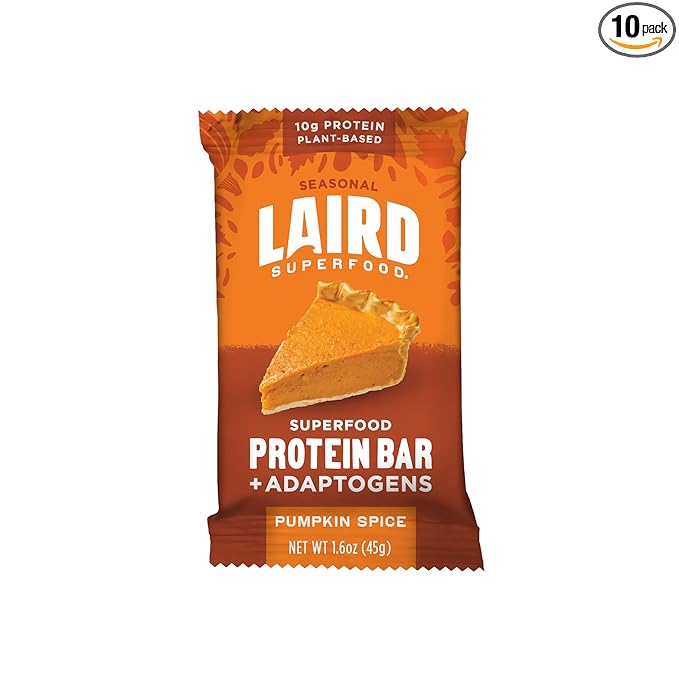 Laird Superfood Functional Protein Bars – Protein Bar but Better with Real Ingredients Functional Mushrooms 10g Plant-Based Protein 6g Fiber - Non-GMO - Pumpkin 10 Count (Pack of 1)
