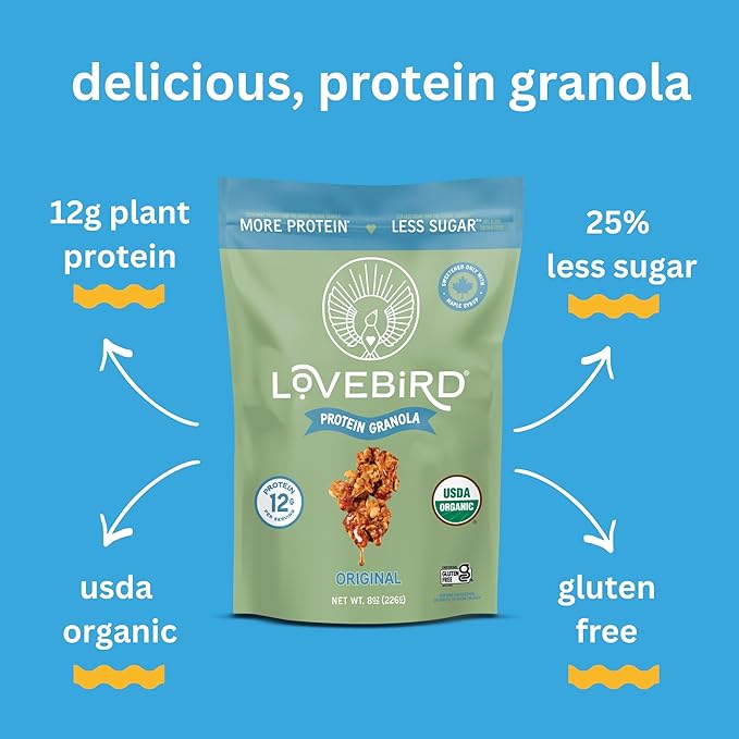 Lovebird Gluten Free Granola - Organic Protein Granola - 7 Real Ingredients - No Refined Sugar &amp Healthy Original Mix for High Protein Cereal Gut Health USDA Organic - Original 3 Pack