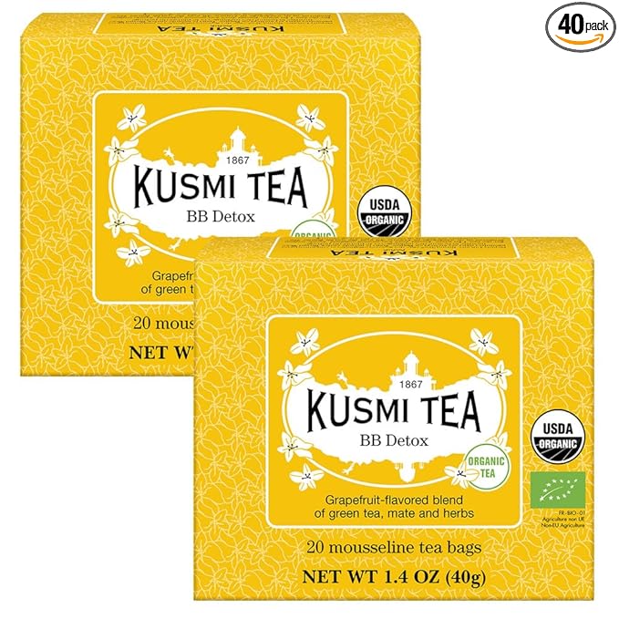 Kusmi Tea - Pack of 2 Boxes of Tea Bags - BB Detox - Iconic Detox Tea - 100% Organic - Blend of Green Tea Mate &amp Grapefruit - Organic Flavored Yerba Mate - 2x20 Tea Bags