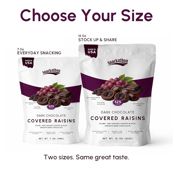 Snackathon 52% Dark Chocolate Covered Raisins 15 OZ Resealable Snack Bag Sweet Dried Raisins Coated in Rich Chocolate Candy Delicious Chocolate Raisins for Treats Sharing Snack Box or Gift Box