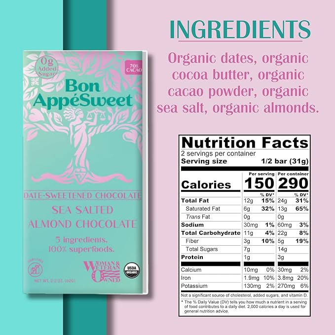 Bon Appesweet Date Sweetened Chocolate Bar - Healthy Dark Chocolate | Sea Salted Almond Chocolate | 2.2 Ounce (Pack of 3) | Organic Zero Added Sugar 70% Cacao Plant Based Dairy Free and Guilt Fre