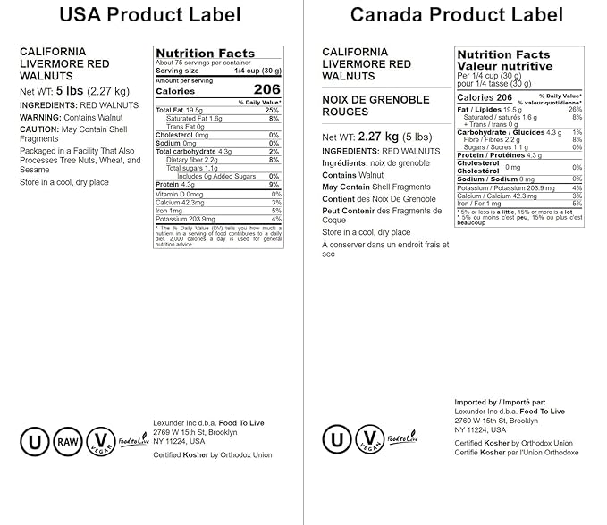 Food to Live - California Livermore Red Walnuts 5 Pounds Raw No Shell Kosher Unsalted Natural Sirtfood Bulk