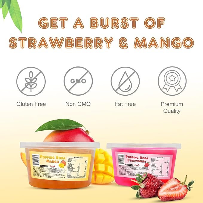Fanale Strawberry Mango Popping Boba Pearls Vegan Non GMO Gluten Free Fat Free Perfect for Bubble Tea Smoothies Ice Cream Desserts and Beverage 2 lb (1 lb X 2).