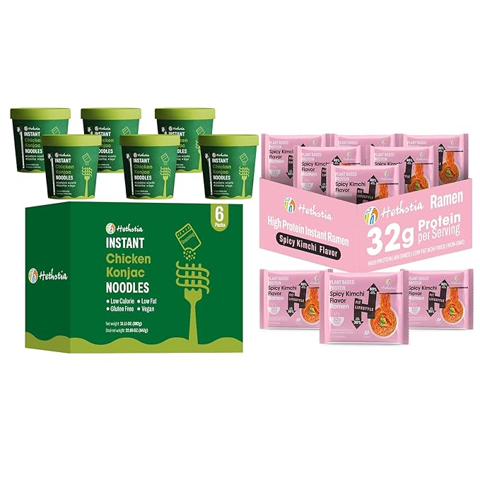 Hethstia Chicken Konjac Pho &amp Spicy Kimchi High Protein Ramen Cup – Vegan Shirataki Soup + 32g Plant Protein – 6 Chicken Pho Cups + 6 Kimchi Ramen Cups