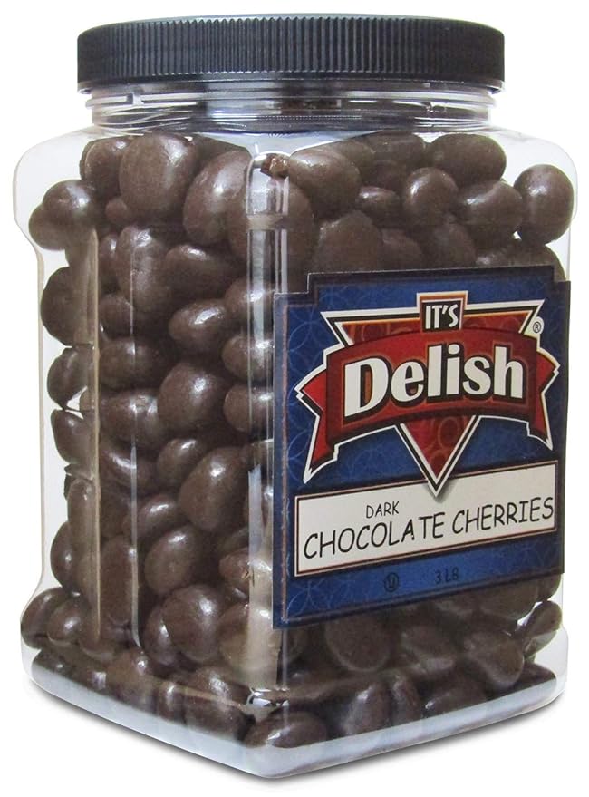 Gourmet Dark Chocolate Covered Cherries by It's Delish 3 lb Jumbo Reusable Container | Premium Dark Bittersweet Chocolate Coated Dried Cherries - Kosher Parve Vegan
