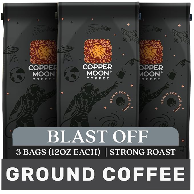 Copper Moon Ground Coffee High Caffeine Blast Off Blend Strong Roast 3 Bags (12 oz. Each)