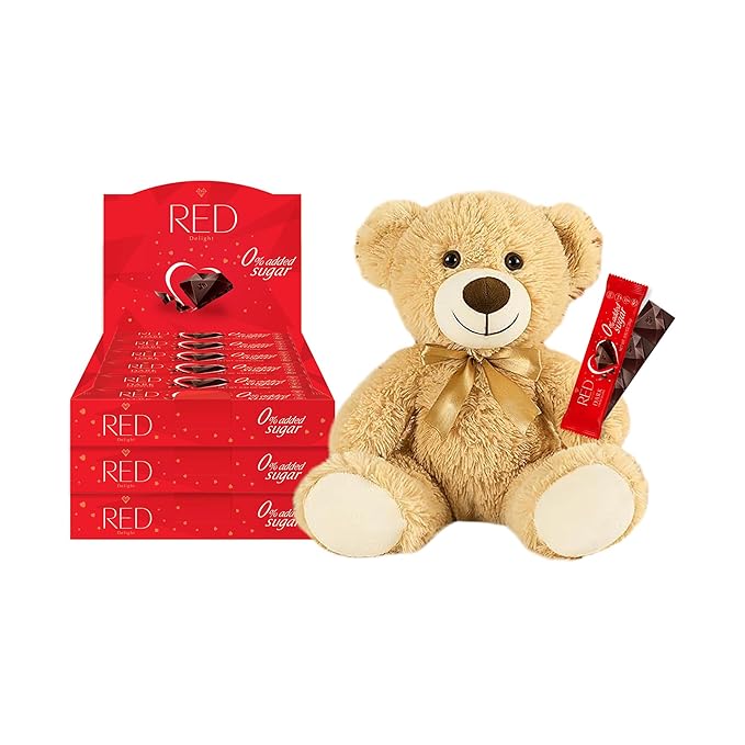 RED Delight®™ Dark Chocolate 12 Count Box of Grab N Go Travel Size Bars (0.92 Ounces Each) with 14 Plush Teddy Bear (3 Boxes - Total of 36 Bars + 14 Plush Teddy Bear)