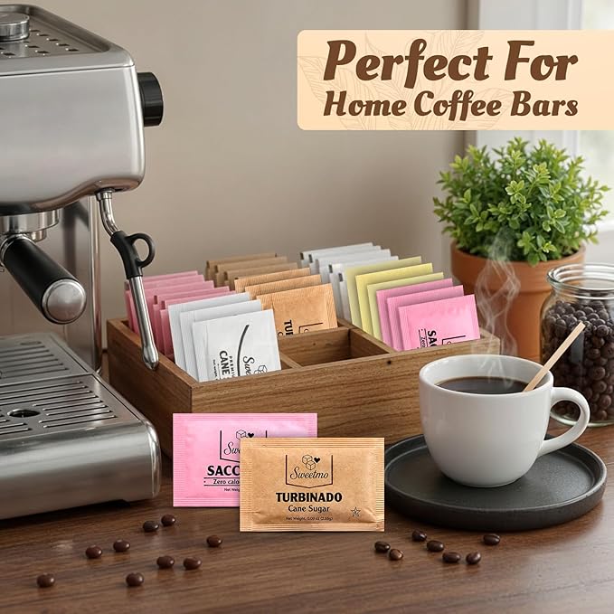 Sweetmo Sugar Packets Variety Pack - Sucralose Raw Sugar Saccharin Cane Sugar with Wooden Stirrers - 400 Count for Coffee Tea Office Breakrooms Home &amp Airbnb
