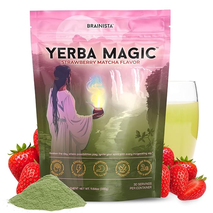 Brainista Yerba Magic Yerba Mate Tea Instant Powder Drink with Nootropics Pre &amp Probiotics Clean Energy Mental Clarity &amp Gut Wellness Low Sugar Natural Caffeine Strawberry Matcha 30 Se
