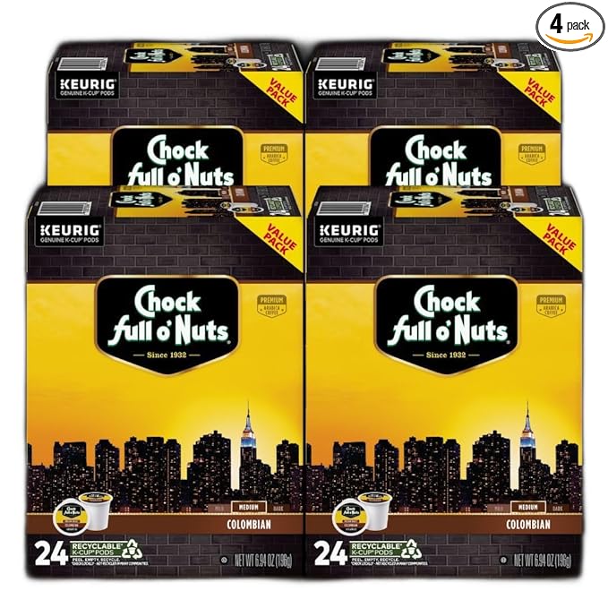 Chock Full o' Nuts Colombian Keurig K-Cup Pods for Keurig Brewers – Premium Arabica Medium Roast – Single Serve – 4 Packs of 24 K-Cup Pods