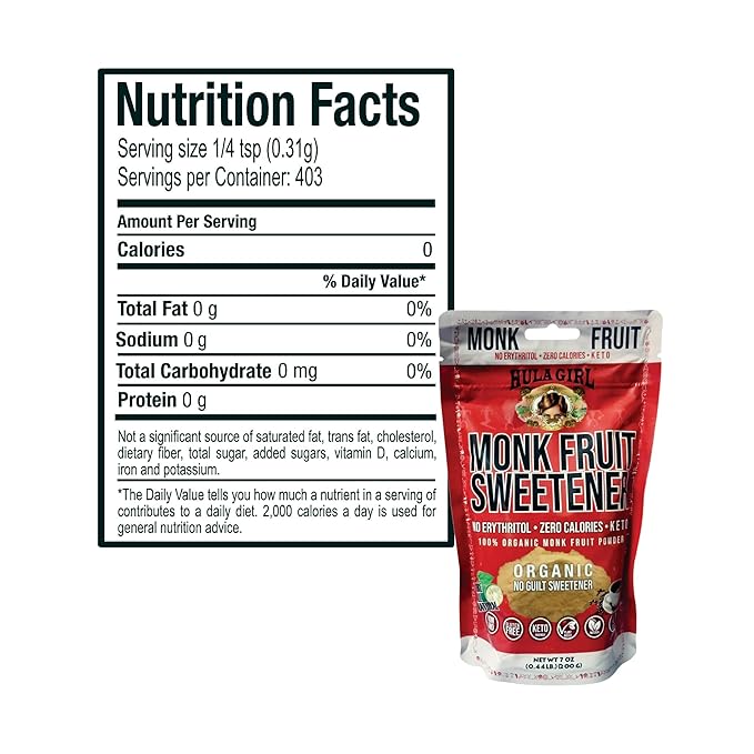 Hula Girl Organic Vanilla Monk Fruit Sweetener – Zero Cal &amp Keto No Erythritol 7 Oz (0.44LB) 200 Grams Bag