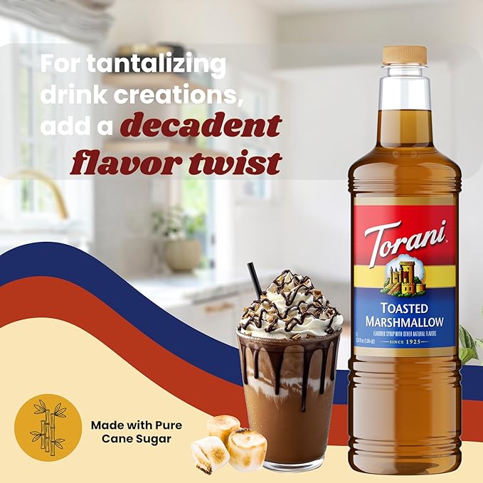 Torani Toasted Marshmallow Syrup 1 Liter Bottle with Pump Dispenser – Rich Coffee Flavoring Made with Pure Cane Sugar &amp Natural Flavors – Perfect for Lattes Desserts &amp Beverages