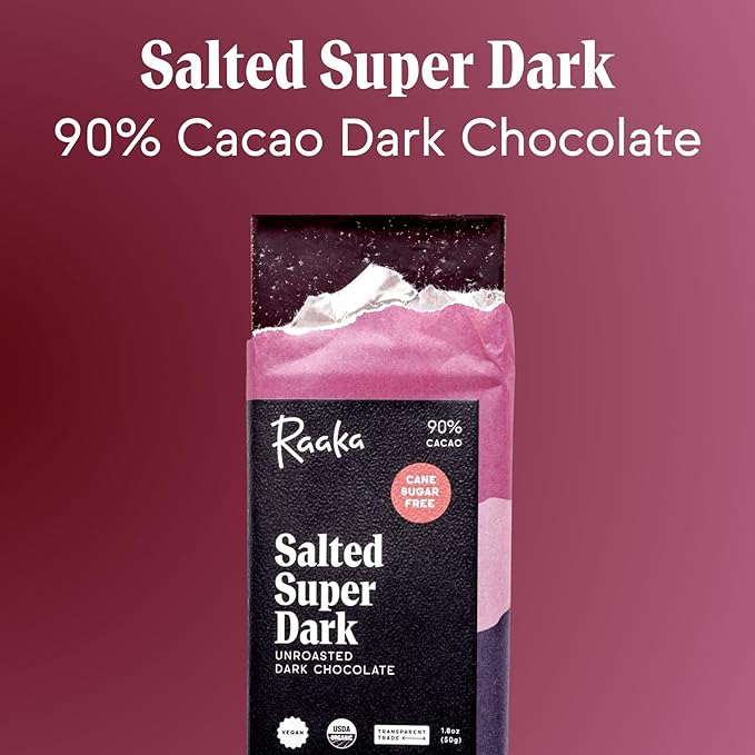 Raaka Salted Super Dark Chocolate Bars - 90% Cacao Organic Vegan Kosher Gluten Free Cane Sugar Free - Lightly Sweetened with Coconut Sugar - 1.8oz Bars 6-Pack