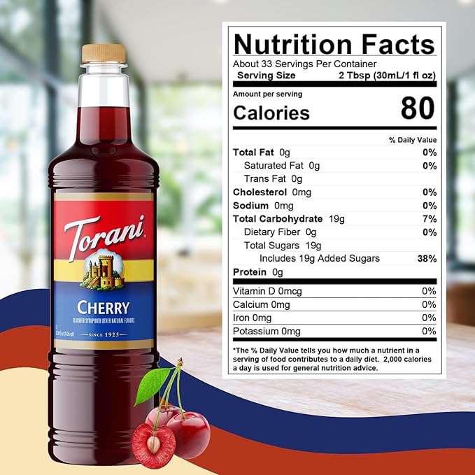Torani Cherry Coffee Syrup 1 Liter Bottle with Pump Dispenser – Flavored Syrup for Lattes Teas Cocktails Lemonades &amp Desserts – Premium Coffeehouse Quality Drink Syrup