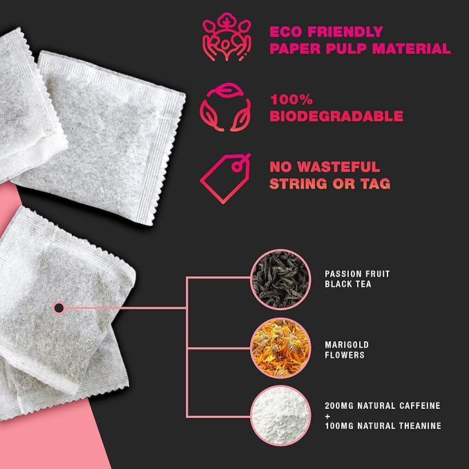 High Caffeine Tea - Highly Caffeinated Passion Fruit Black Tea - Natural Blend High Energy Tea Coffee Alternative With 200mg Caffeine Herbal Tea Coffee Substitute Pack of 14 Biodegradable Tea Bags