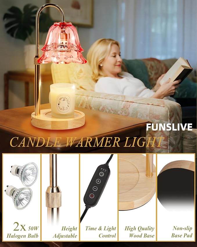 Pink Candle Warmer Lamp with Timer Dimmable Birthday Gifts for Women Mom Flower Candle Lamp with 2 Bulbs for Jar Candles Lamp Candle Warmer House Warming Gift for Bedroom