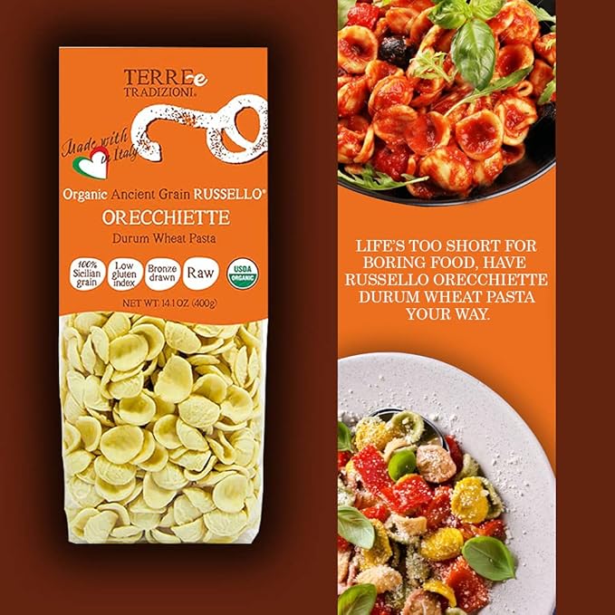 TERRE E TRADIZIONI Organic Italian ORECHIETTE Pasta Semiwhole Wheat Durum Semolina Pasta Sicilian Ancient Grain Rusello Organic Orecchiette Pasta Vegan Pasta Imported from Italy (3 Packs)