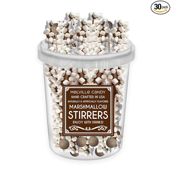 Melville Candy Hot Chocolate Stirrers Gift Set - For Hot Cocoa Coffee Tea Stocking Stuffers Holiday Gift Idea - Made in USA Individually Wrapped (Milk-Chocolate w/Marshmallows) (30ct bucket)