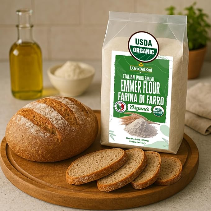 L’Oro Del Sud Organic Farro (Emmer) Flour – 4.4 lb (2 kg) Stone-Ground Ancient Grain Flour from Italy All-Purpose High Fiber Non-GMO