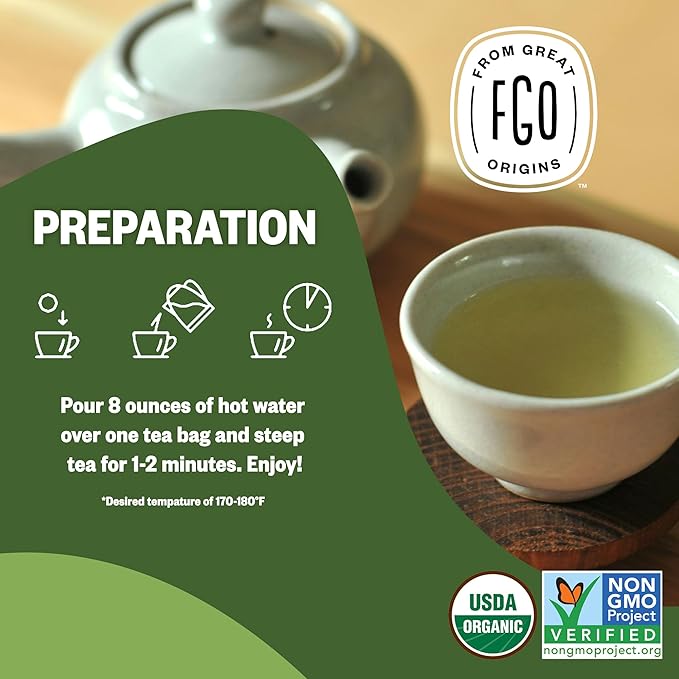 FGO Organic Japanese Matcha + Green Tea 100 Count Eco-Conscious Tea Bags Resealable Bag Packaging May Vary (Pack of 1)