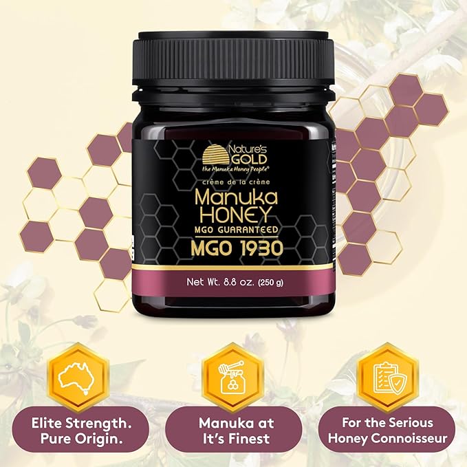 Nature’s Gold Raw Manuka Honey Certified High MGO | Authentic MGO 100% Pure Genuine Traceable Hive to Home | MGO 1930+ Flavor | 8.8 Ounce (Pack of 1) Size