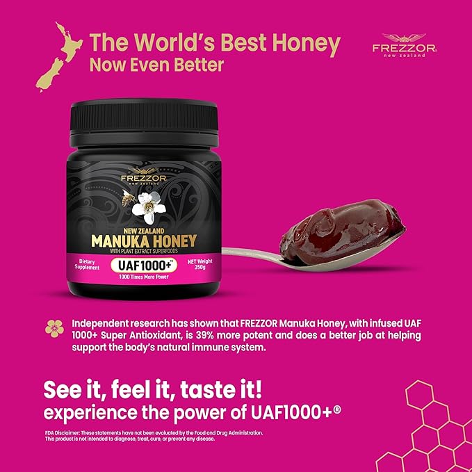 FREZZOR Premium Raw Manuka Honey New Zealand with UAF1000 Perfect Daily Wellness Ritual Superfood 6 Jars (8.8oz/250g per jar)