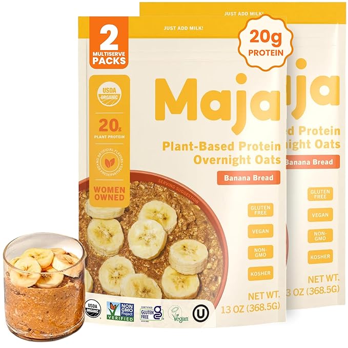 Maja Organic Plant-Based Protein Banana Bread Overnight Oats 13 oz Multi-Serve (2-Pack) | 20g Protein Vegan Gluten-Free Instant Oatmeal | Quick &amp Filling Breakfast with Clean Ingredients