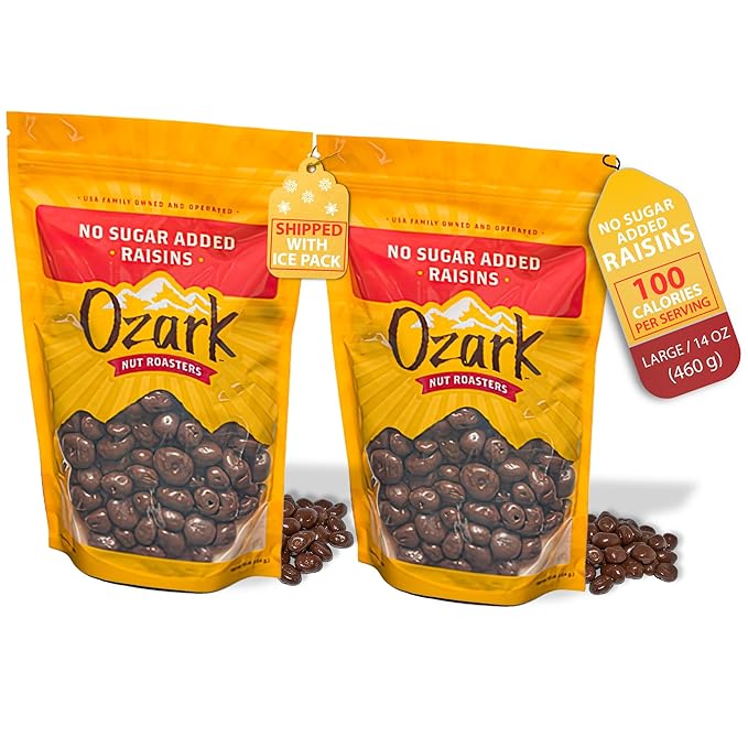 OZARK NUT ROASTERS No Sugar Added Chocolate Raisins Gourmet Creamy Milk Chocolate Covered Raisin Snacks 14 oz Pack of 2