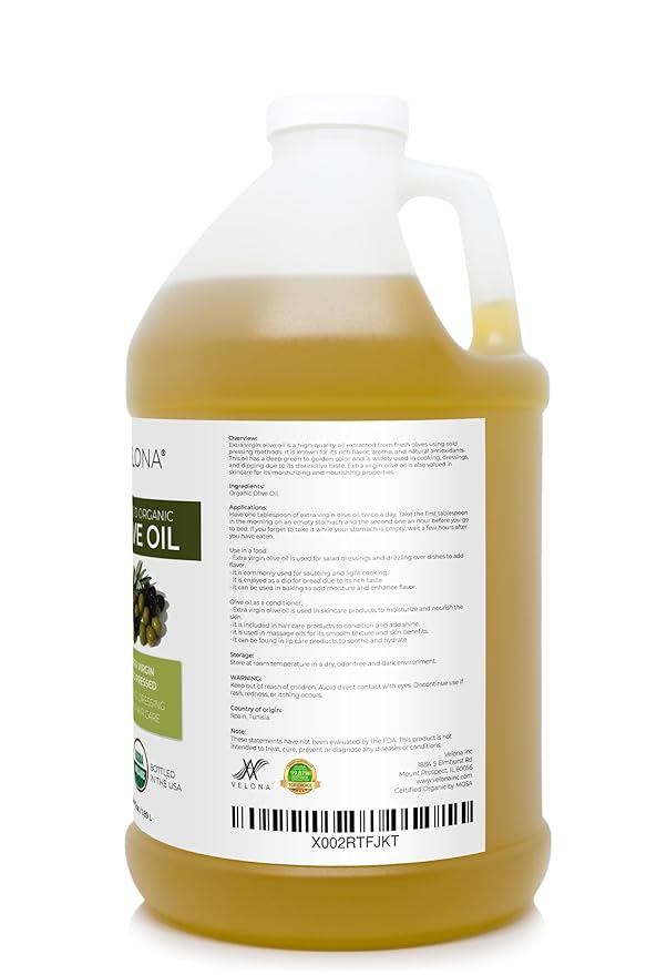 velona USDA Certified Organic Olive Oil - 64 Fl Oz | 100% Pure and Natural Carrier Oil | Extra Virgin Unrefined Cold Pressed | Cooking Dressing Face Hair Body &amp Skin Care | Use Today - Enjoy