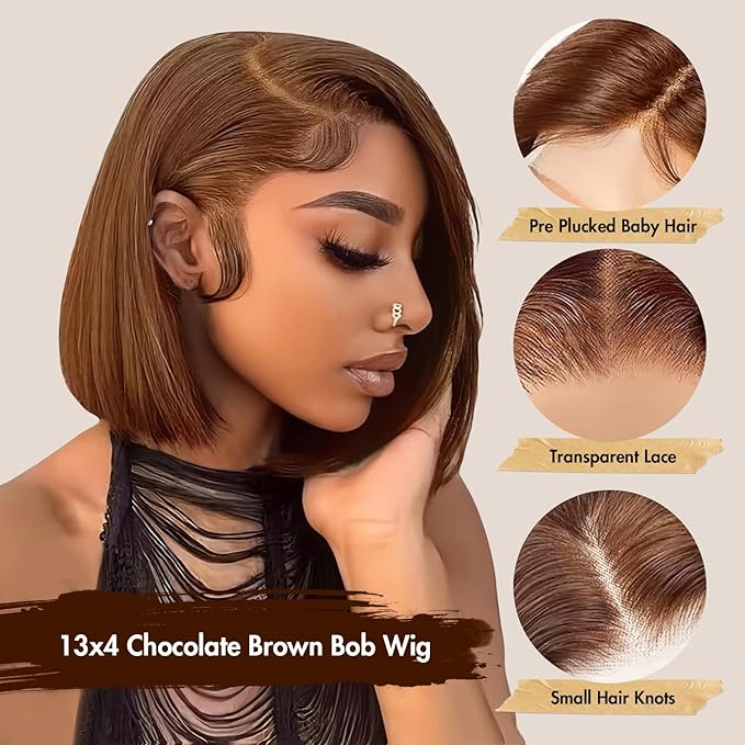 Bob Wig Human Hair 13x4 Chocolate Brown Lace Frontal Wigs Human Hair Straight Short Bob Wigs for Black Women 100% Human Hair Wig Pre Plucked Brown Color 10 Inch