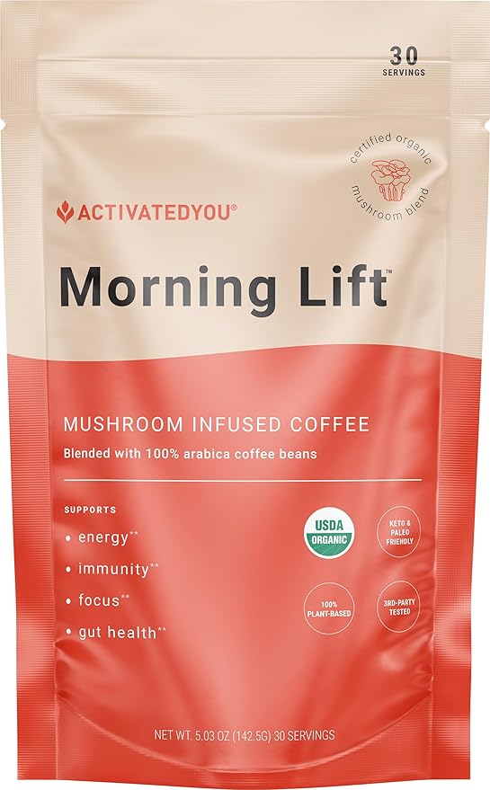 ActivatedYou Morning Lift Mushroom Infused Coffee - Certified Organic Plant Based Mushroom Coffee Instant Blend Made with Lion's Mane &amp Cordyceps to Support Digestion Energy &amp Focus (1 Pack)