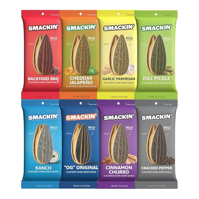 SMACKIN' Sunflower Seeds Roasted Jumbo Small-Batch American Made - 8 Flavor Variety. 1.5oz bags (36 Pack)