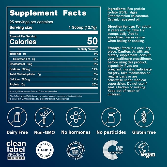 Puori Vegan Protein Powder Unflavored - Plant-Based Protein Powder with Pea Protein Algae Calcium - Workout Supplement for Sustained Energy Bone Health Muscle Recovery &amp Growth - 25 Servings