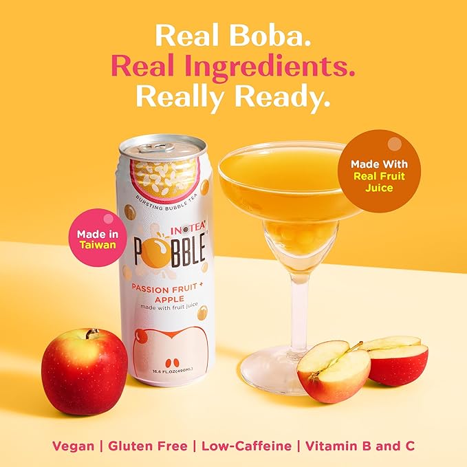 Inotea Pobble Bursting Bubble Tea - Refreshing Taiwanese Canned Boba with Popping Pearls - Ready-to-Drink Boba Tea - Enjoy Real Boba Without the Long Lines - Passion Fruit + Apple - 12 pack